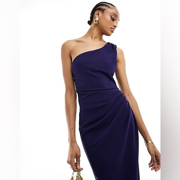 ASOS DESIGN Tall one shoulder draped fringe trim midi dress in navy - Picture 3 of 5